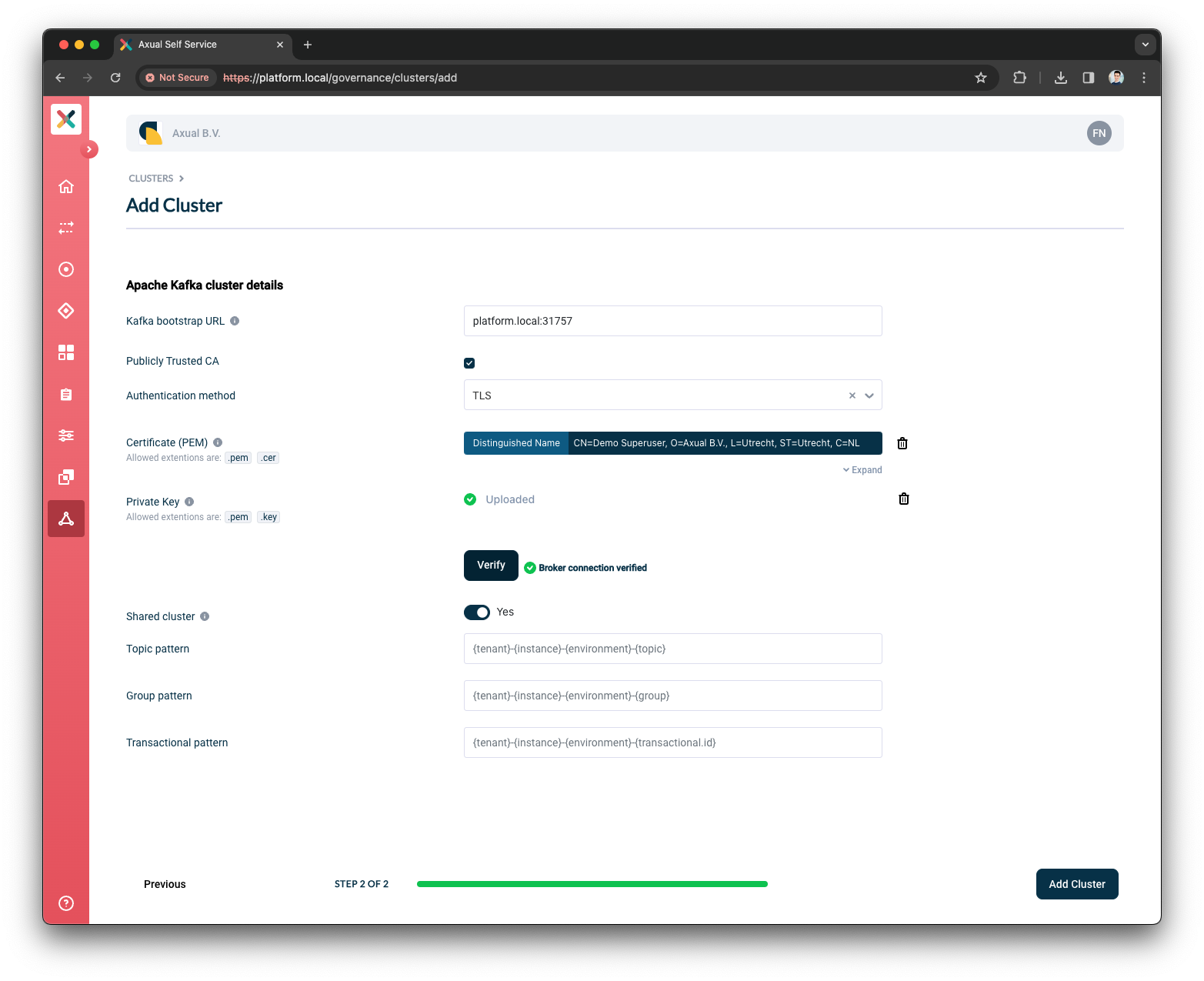Self-Service Add Kafka Details section