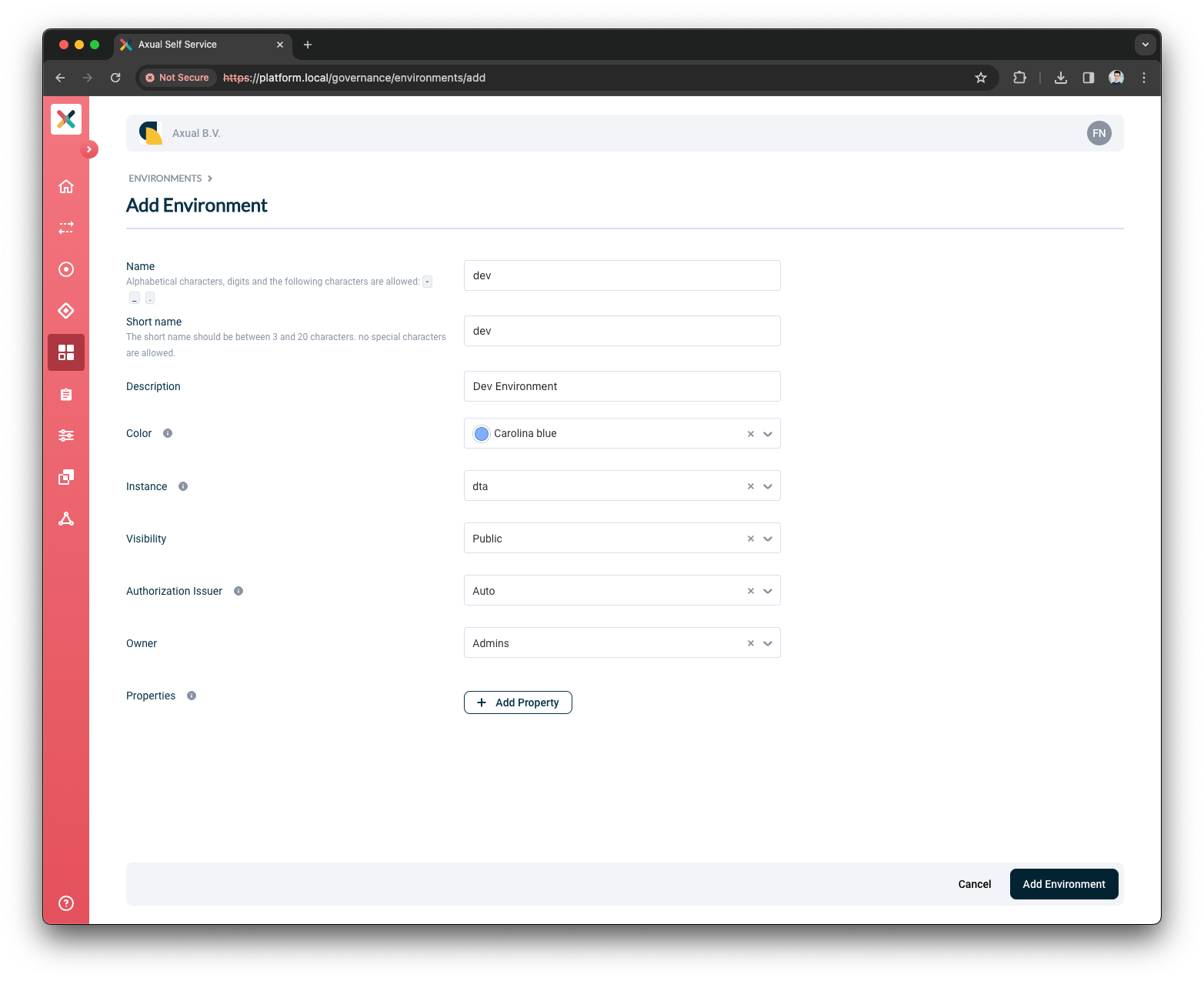 Self-Service Add Environment Details page