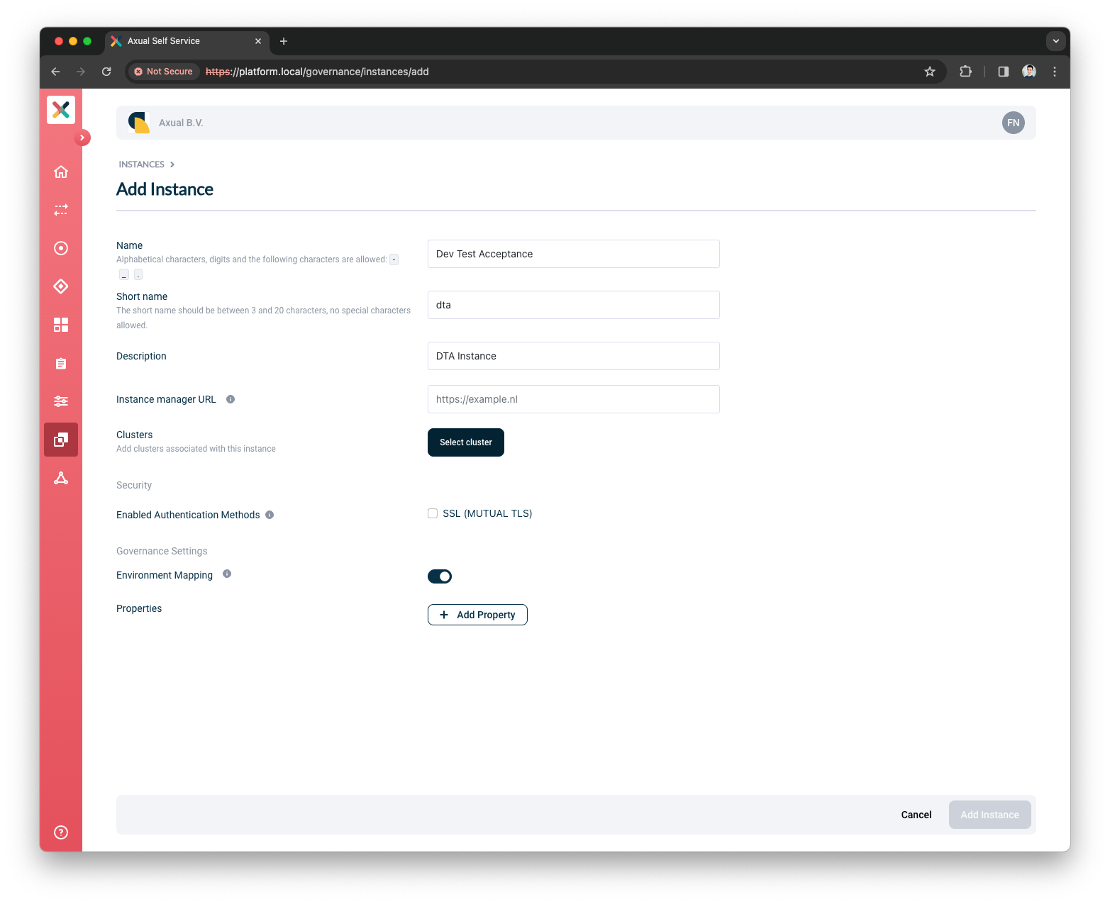 Self-Service Add Instance Details page